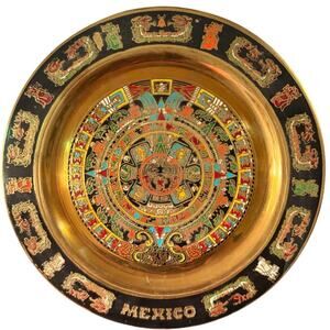 Mid-Century Mexican Folk Art Brass & Cloisonné Enamel Aztec Calendar Wall Decor